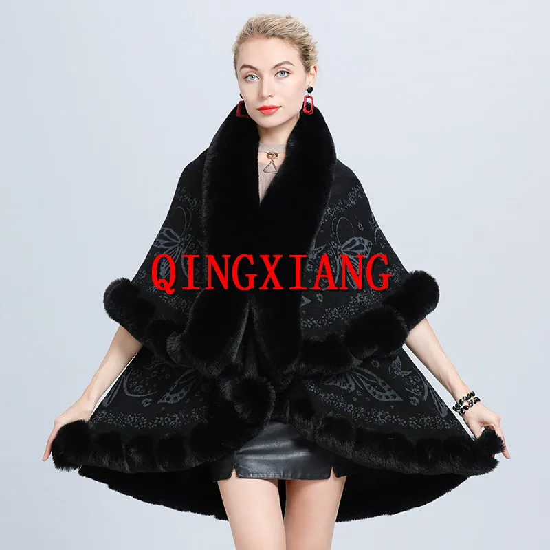 Winter Oversize Women Two Layers Jacquard Weave Thick Cloak Faux Fox Fur Cardigan Warm Poncho Loose Cape Knitted Shawl Overcoat