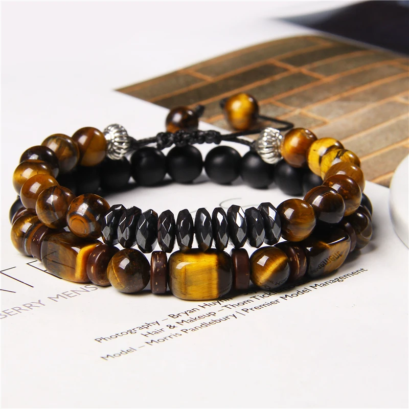 2 Chains Bracelet Set Men Vintage Stretch Bracelets Natural Rectangle Tiger Eye Stone Bead Bangle Handmade Jewelry Women Pulsera