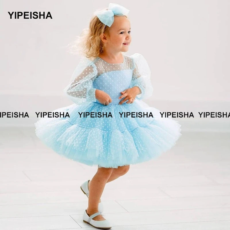 Yipeisha Long Sleeve Baby Girl Dress Dot Tulle Cupcake Dresses For Toddlers Party Communion Dress Short Flower Girl Dresses Kids