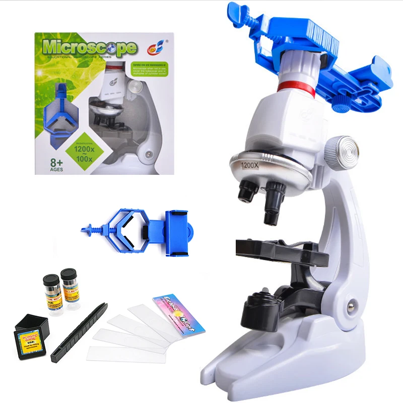 Kit de microscopio biológico para niños, laboratorio con luz Led, 100X-400X-1200X, Escuela en casa, juguete educativo de ciencia, regalo de cumpleaños para niños