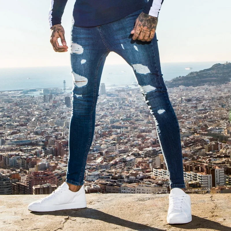 2024 Kokerbroek Elastische Joggingbroek Mannen Fit Effen Gescheurde Denim Harembroek Casual Zwart Blauw Wit Vernietigde Jeans Broek