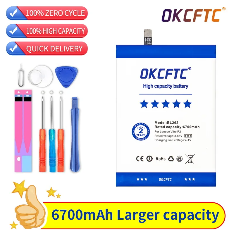 OKCFTC 0 Cycle 6700mAh BL262 Battery for Lenovo Vibe P2 P2C72 P2A42 High Quality Mobile Phone Replacement Accumulator