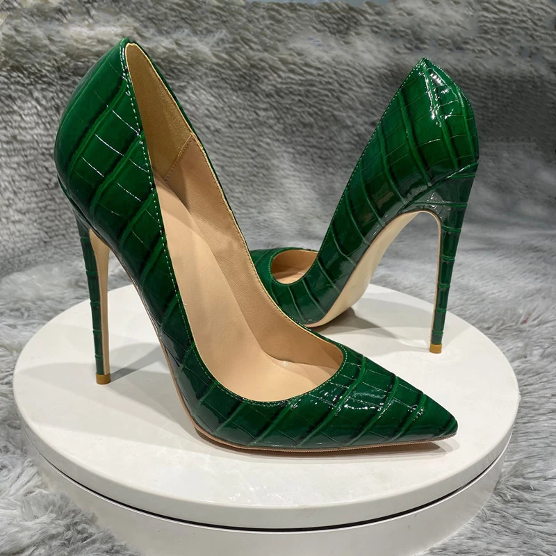 Tikicup Green Crocodile Effect Women Pointy Toe High Heels 8cm 10cm 12cm Customize Ladies Sexy Stiletto Pumps Club Party Shoes