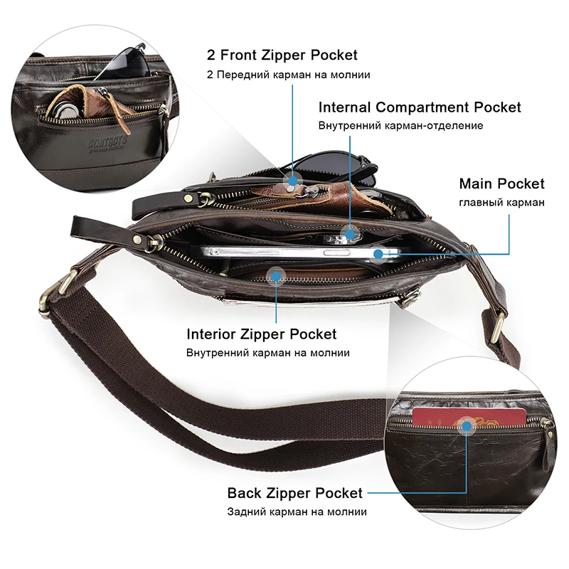 CONTACT\'S Genuine Leather Men Waist Pack Casual Male Fanny Pack Waist Bag Banana Pouch Cell Phone Travel Crossbody Chest Bags