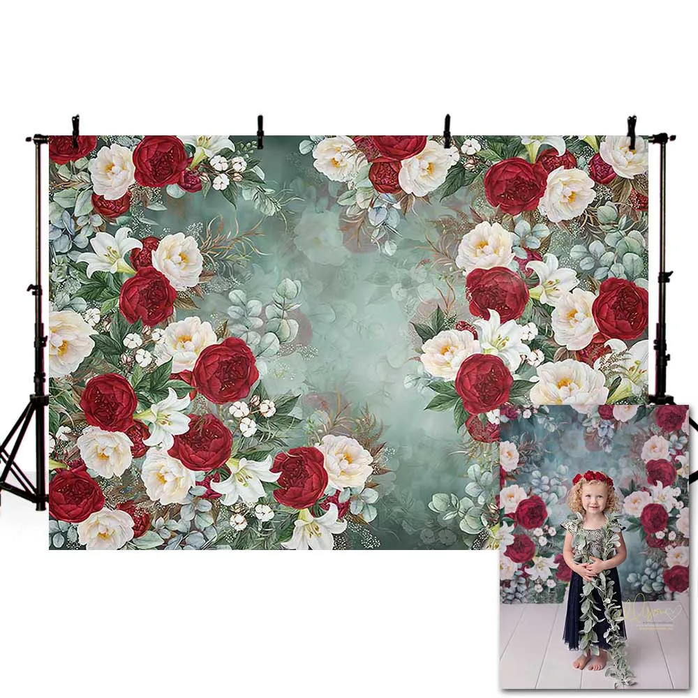 Mehofond Newborn Red Flower Backdrop Painting White Floral Baby Shower Birthday Wedding Photography Background Decor Photo Studi