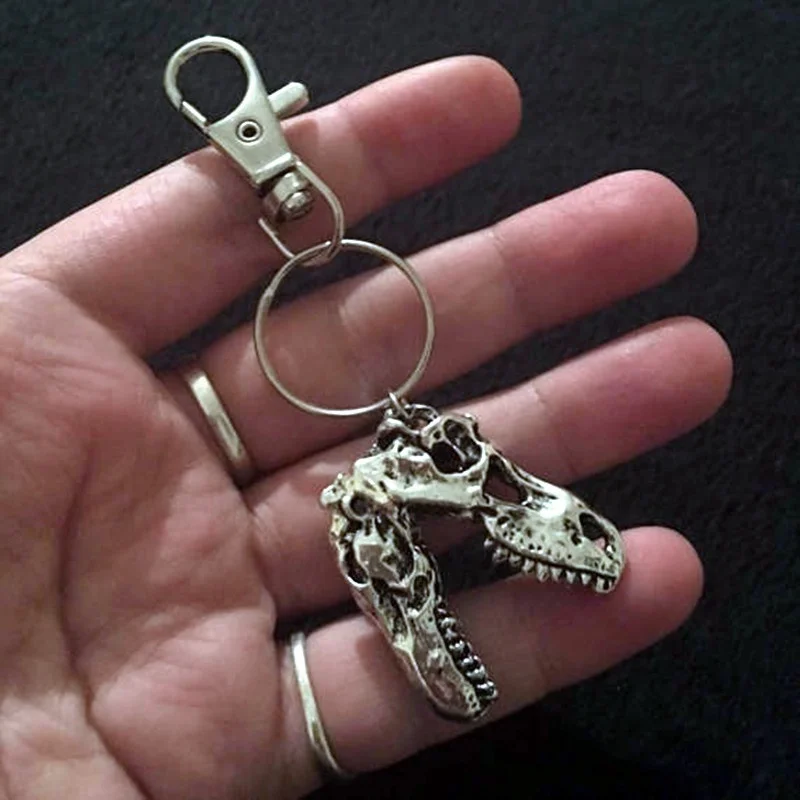 Handmade T-Rex Dinosaur Skull Pendant Long Necklace 24 Inch Chain T Rex Silver Plated/Key Ring