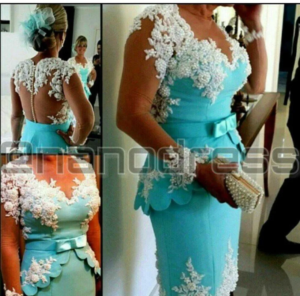 vestido xadrez Arabian Design Blue V Neck Appliqued Beaded Pearls Peplum Long Sleeve Prom mother of the bride Dresses