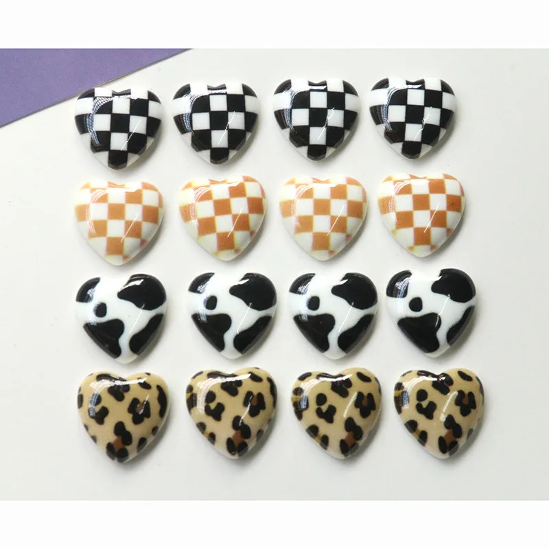 50pcs/lot color Leopard lattice pattern print cartoon hearts shape resin flatback beads diy jewelry garment/hair accessory