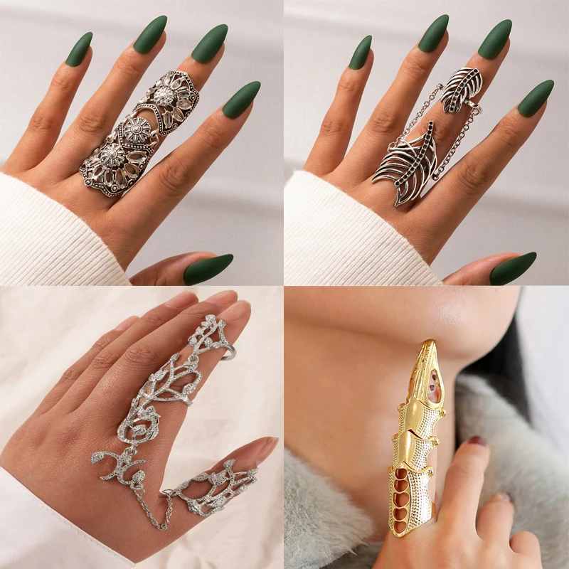 Tocona Retro Ancient Silver Color Hollow Flower Knuckle Rings for Women Men Punk Geometry Carving Alloy Party Jewelry Anillo