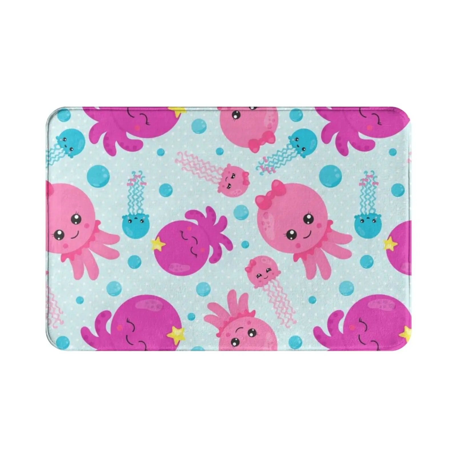 Kawaii Octopus Pink & ; Blue Carpet Mat Rug Cushion Soft Non-Slip Octopus Octopi Pink Blue Tentacles Bows Kawaii Cute