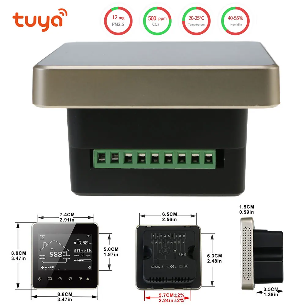 TUYA WIFI Smart Home CO2 PM2.5  Fresh Air Valve System Fan Coil Unit Dehumidifier Ventilation Controller with Modbus&RS485