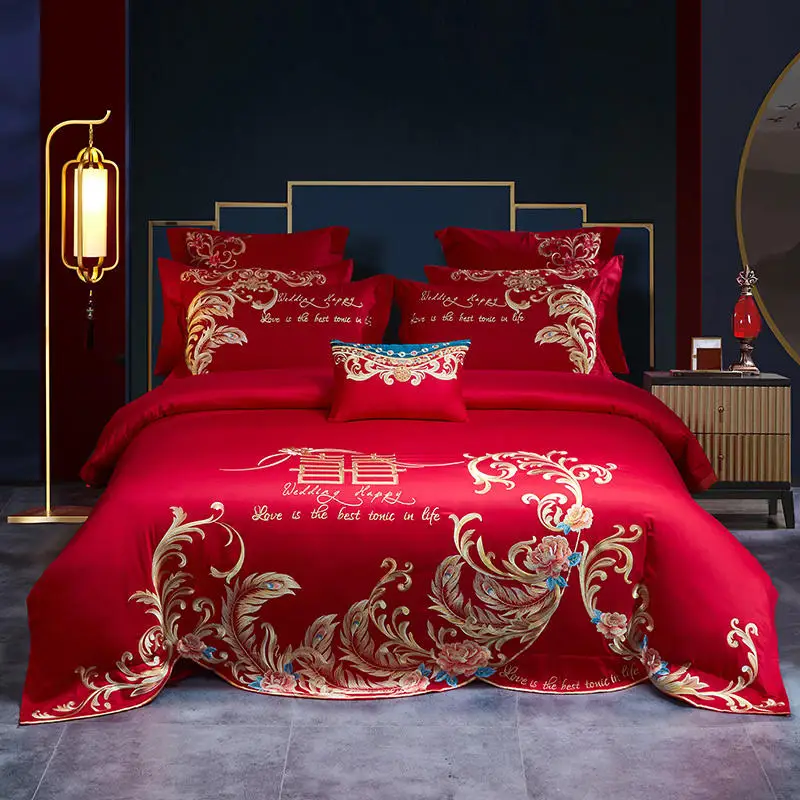 

High End Chinese Style Flowers Embroidery Princess Wedding Bedding Set Luxury Red Cotton Duvet Cover Bed Sheet Pillowcases