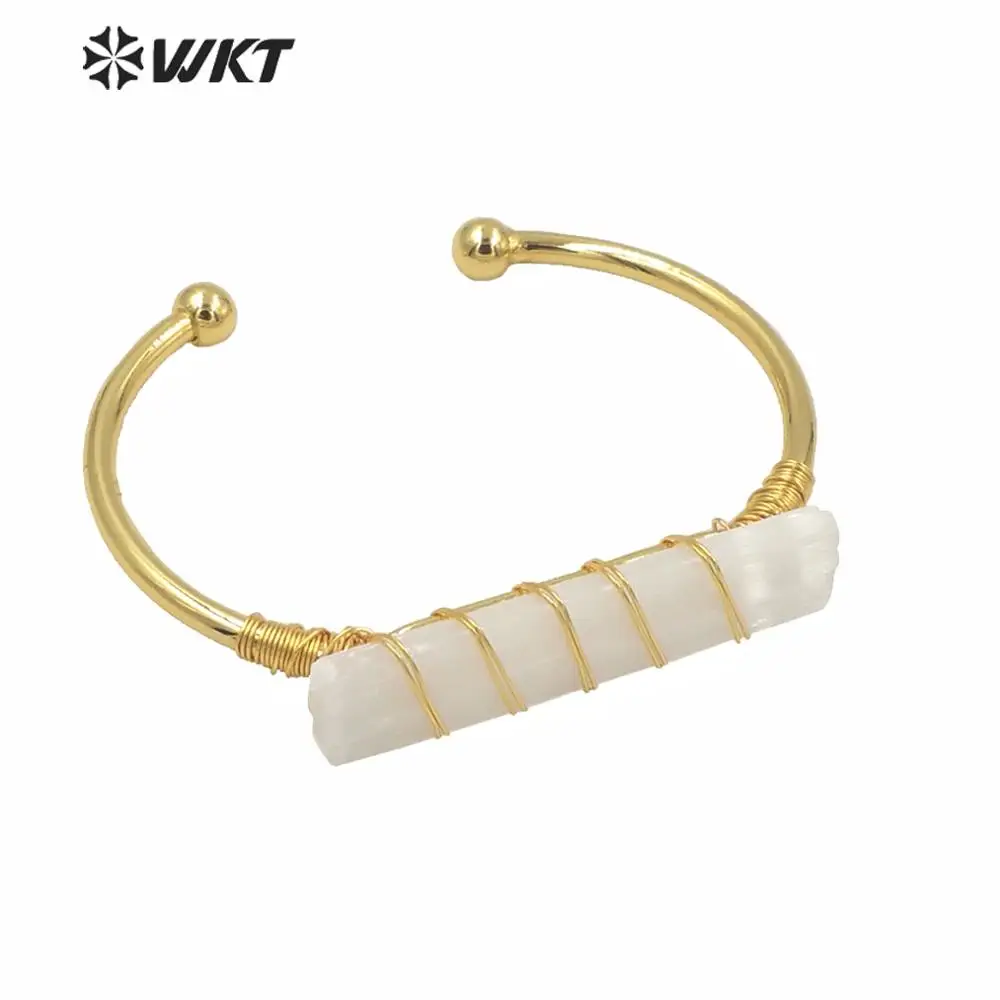 

WT-B567 Wholesale Fashion Women Gold Electroplated Wire Wrapped White Selenite Open Bangle Adjustable Gold Natural Stone ACC