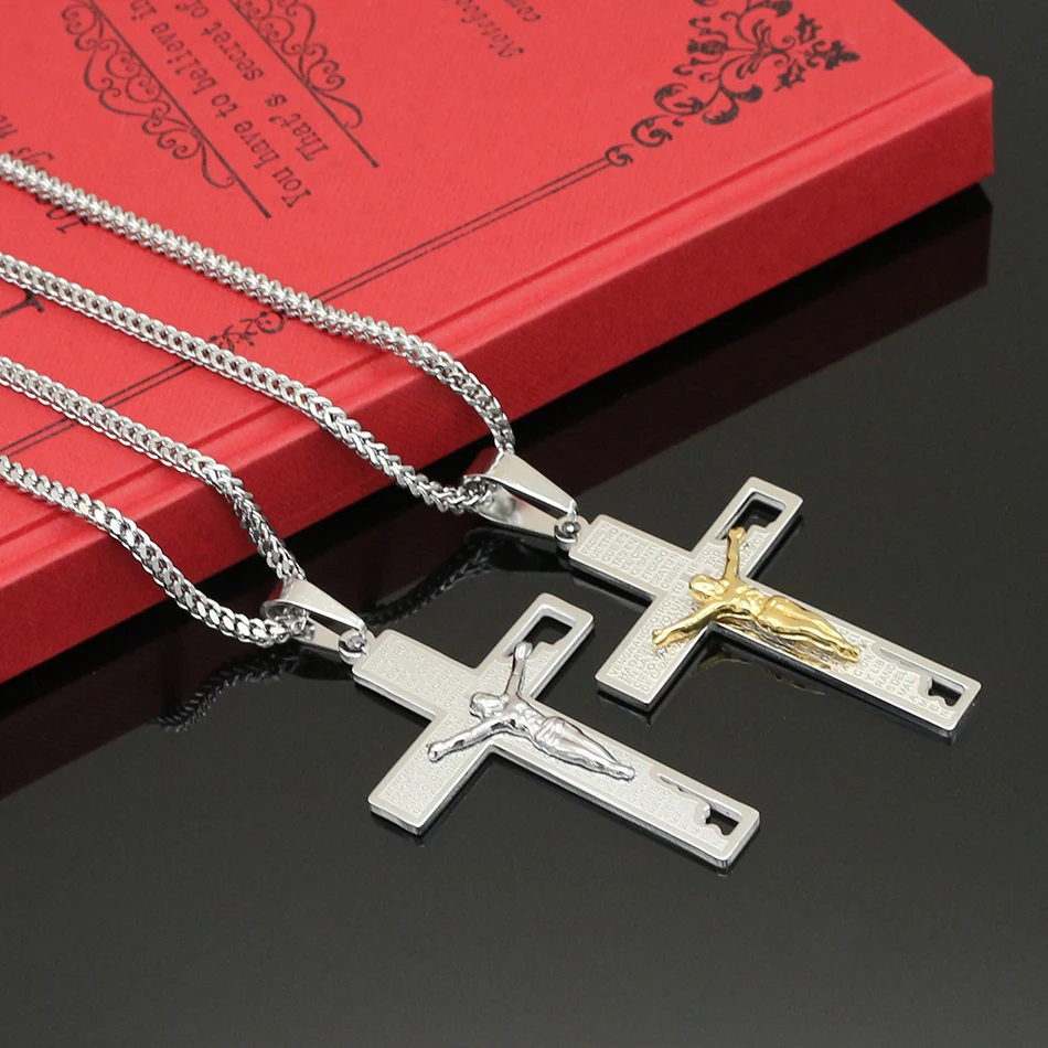 Women Catholic Eternal Jesus Cross Necklace Steel-Gold Stainless Steel Chain Link Hip Hop Men Jewelry