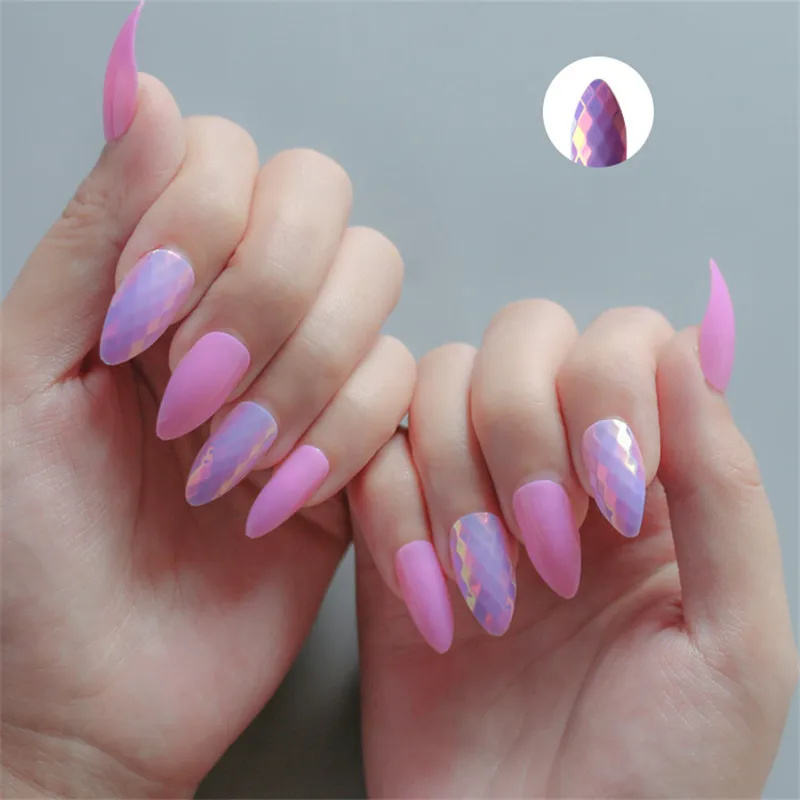 24Pcs/Set Fish Scale Fake Nails Detachable False Nails Press on Nails With Jelly Gel Full Cover Glue Nail Art Glue on Nails