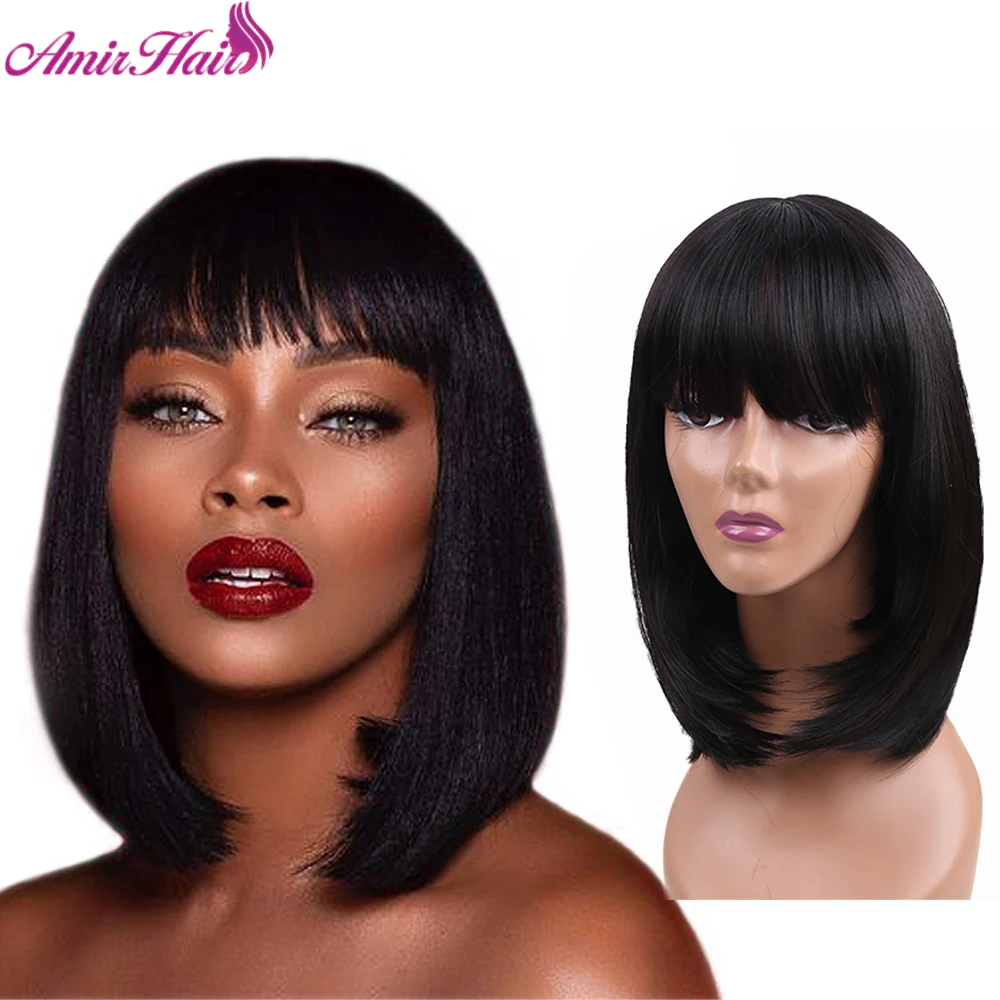 Amir Blonde Bob Wig Straight Synthetic Hair With bangs For Women Black Blue Green Orange Grey Color Heat Resistant Hair Cospaly