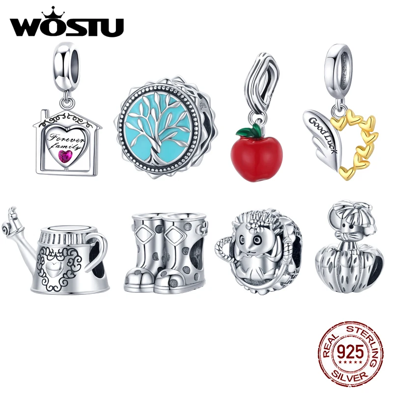 WOSTU 925 Sterling Silver Charm House Life Tree Wing Bead Apple Hedgehog Boots Pendant Fit Original Bracelet For Women Jewelry