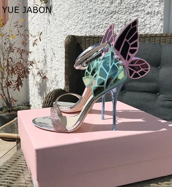 女性のための本革のサンダル,蝶のデザイン,天使の羽,光沢のある,薄い  