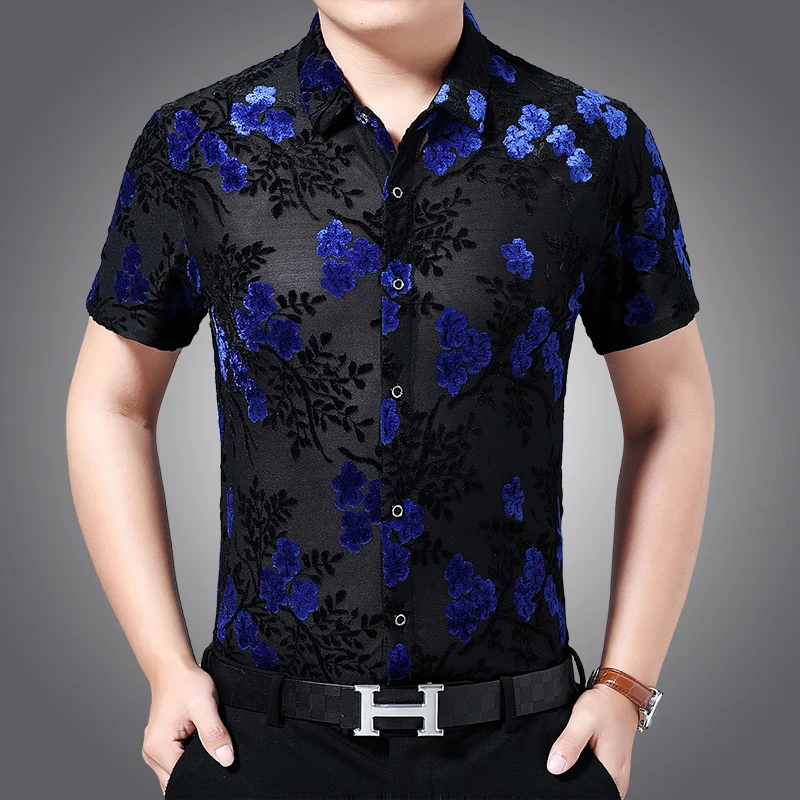 Sexy Hollow Flowers Clothes Summer Men Transparent Club Wear Short Sleeve Silk Velvet Shirts Single Breasted See Through Dresses