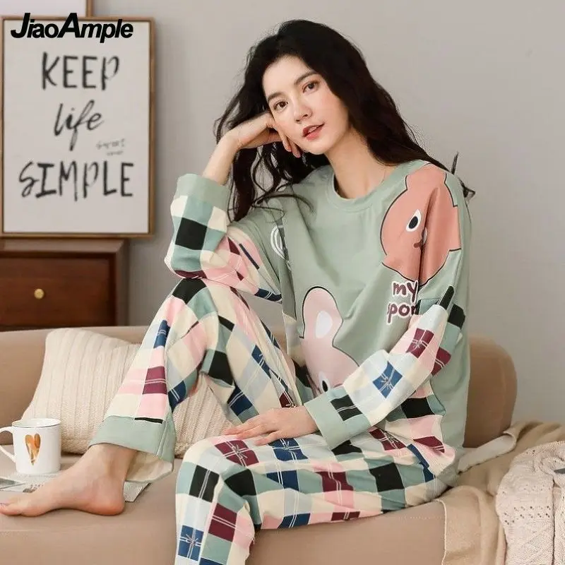 Women's Pajamas Spring Autumn New O-Neck Loose Long-sleeved Trousers Pijamas Two-piece Korean Cartoon Sleepwear Suit
