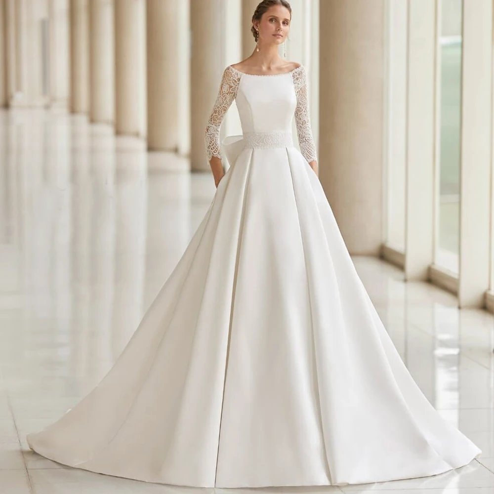 

Elegant Princess Trumpet Wedding Dresses Scoop Neck Sash Bow Bridal Gowns Back Illusion Court Customize vestidos de fiest