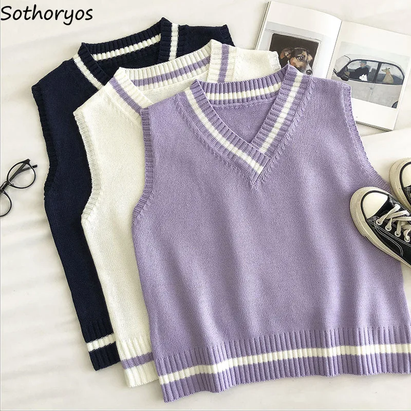 

Sweater Vest Patchwork Simple Sleeveless Knitted College Preppy Students All-match V-neck Fashion Loose Korean Style Autumn Tops