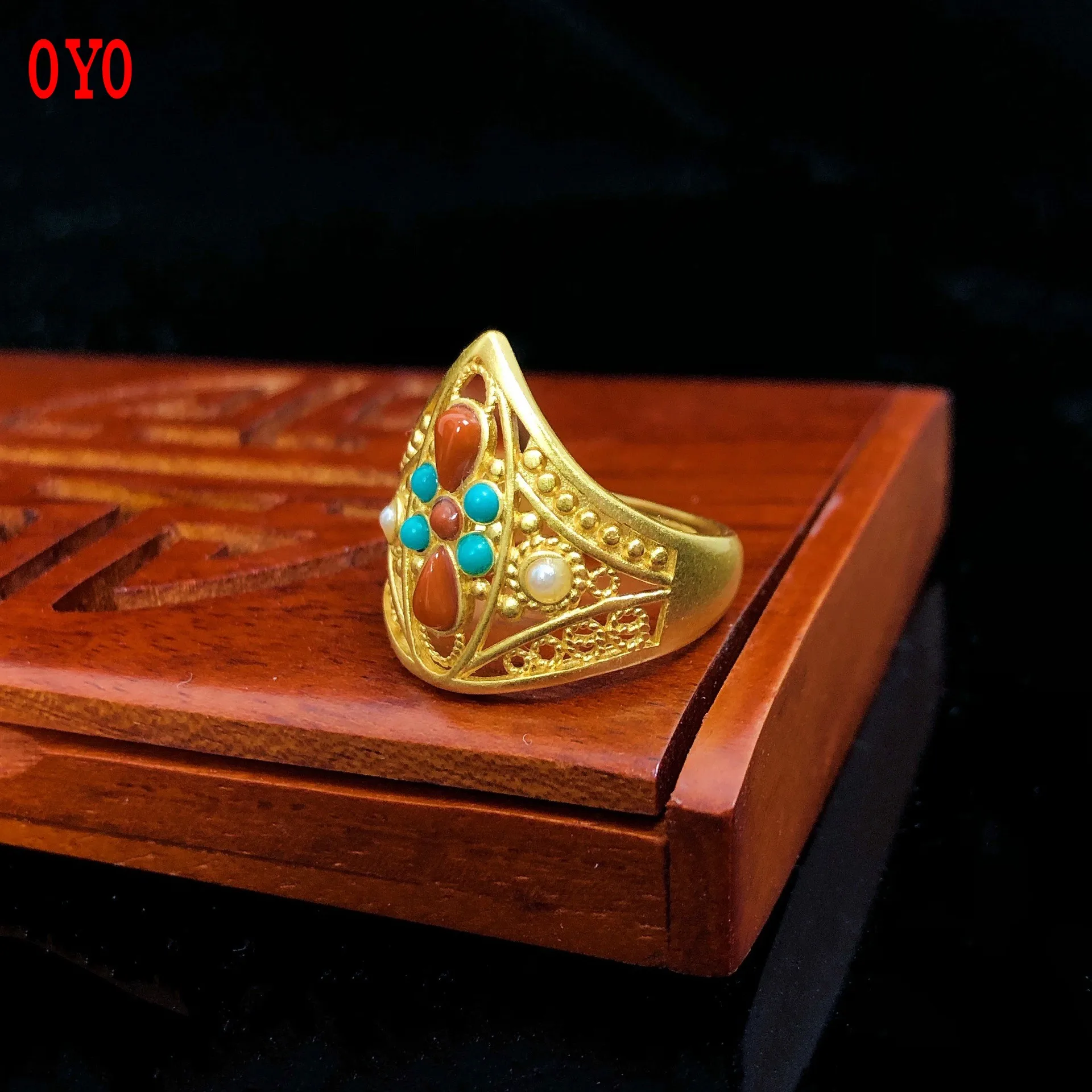 

S925 Silver 24K Gold Ring Crown Palace Style Inlaid Turquoise Red Agate Female Open Ring Couple