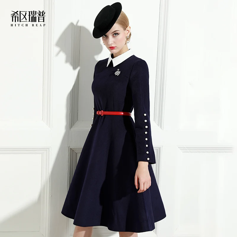 

Hepburn Style Small Black Dress Lapel Woollen Dress Celebrity Party Autumn Winter Annual Meeting Dress