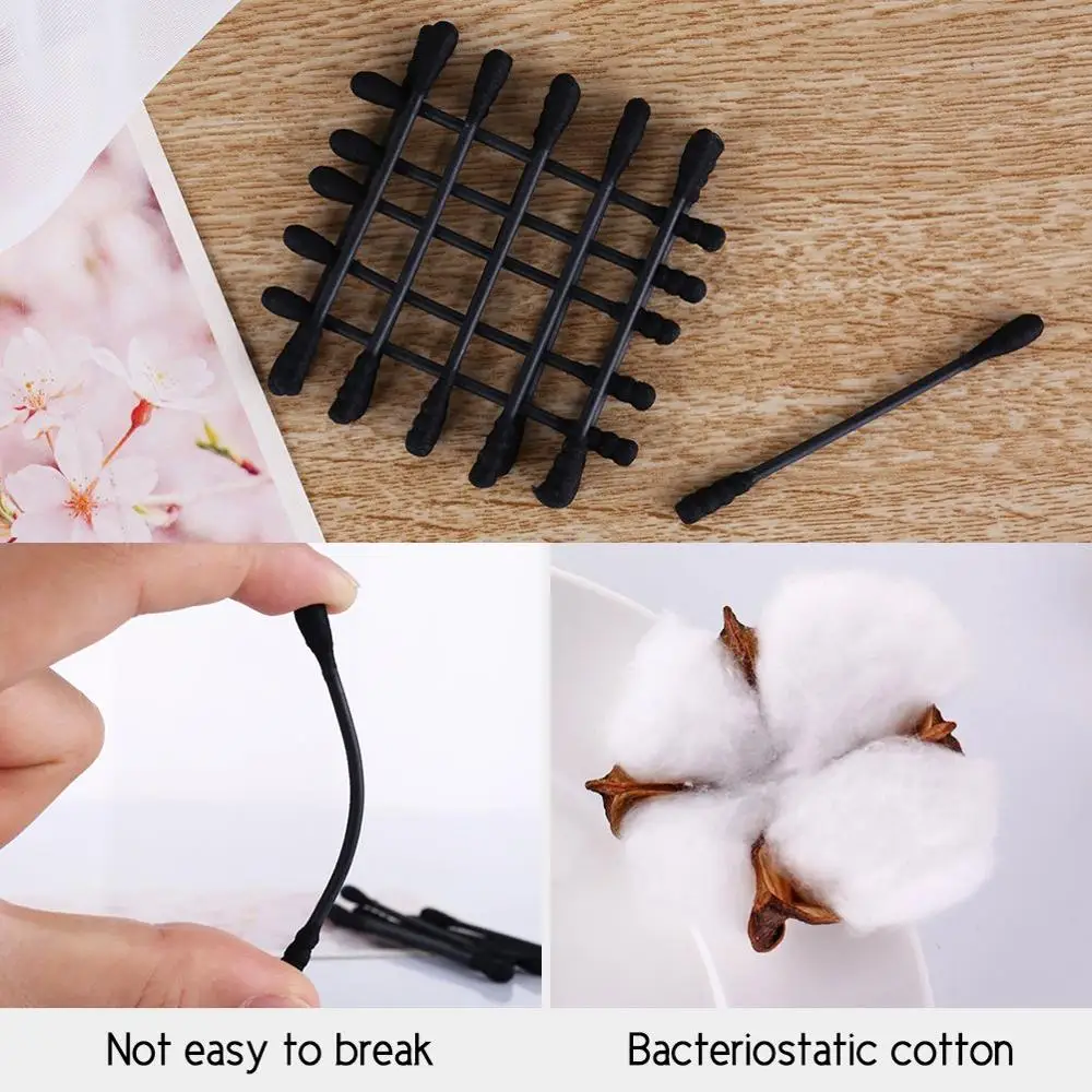 200Pcs Cotton Swabs Sticks Black Double Tipped Buds Head Absorbent Cleaning