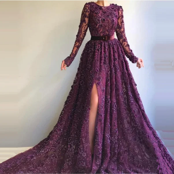 Unique Purple Prom Dresses 3D Handmade Flowers Appliques Beaded With Velvet Belt Open Leg A-line Formal Evening Gowns