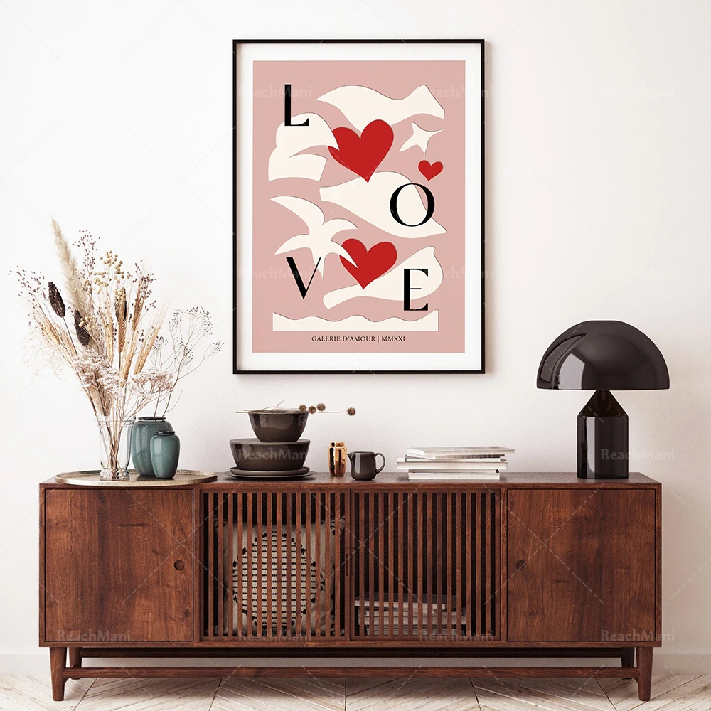 

Pink love art poster, Valentine's Day decoration, contemporary art wall decoration, bedroom decoration, abstract shape printing