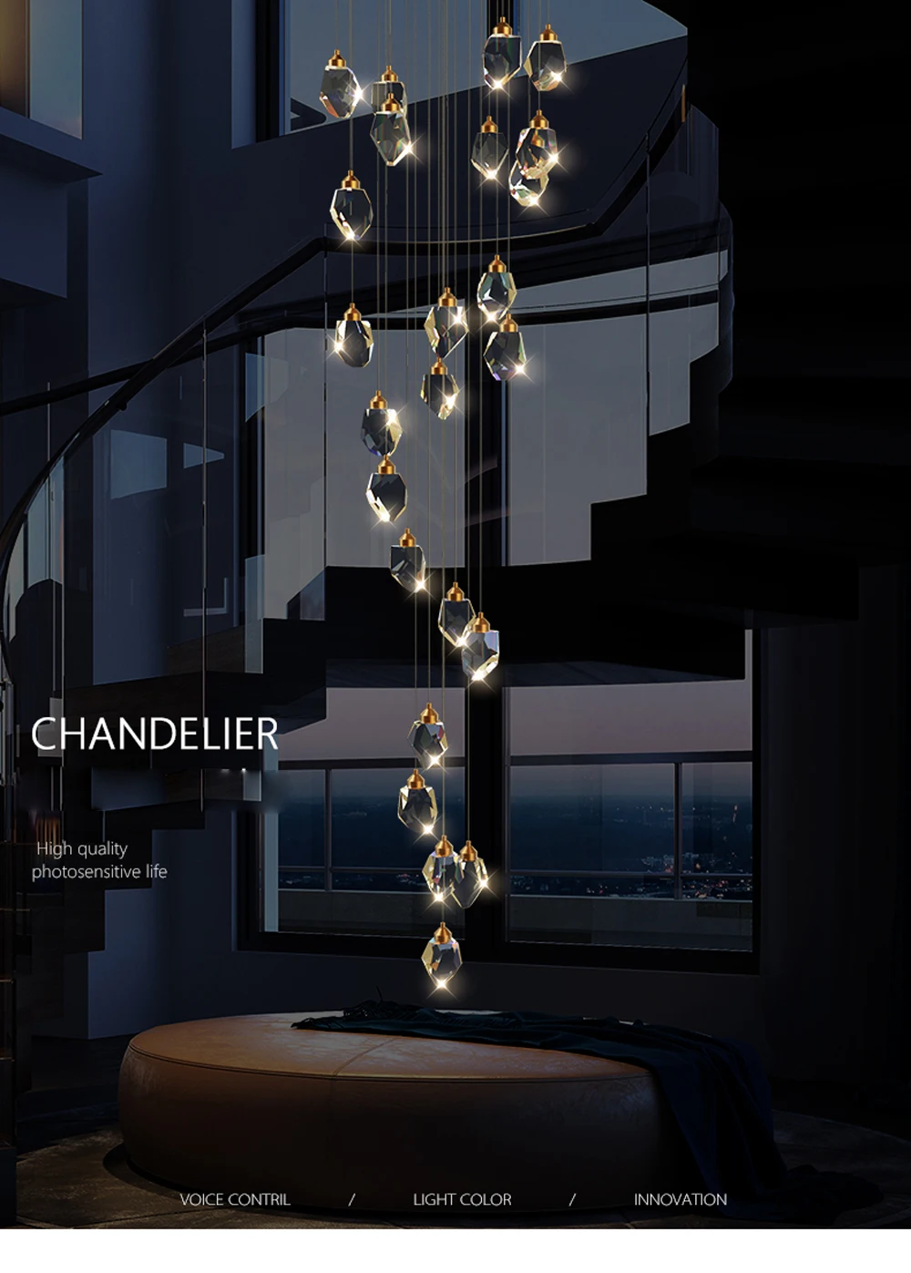 LED Copper Crystal Stone Golden Pendant Lamp Light