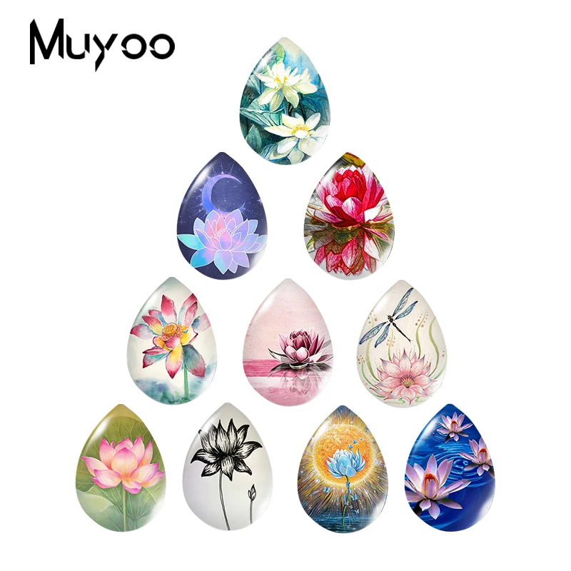 2020 New Lotus Flower Tear Drop Glass Cabochon Flowers Handmade Printed Photo Jewelry DIY Accessories