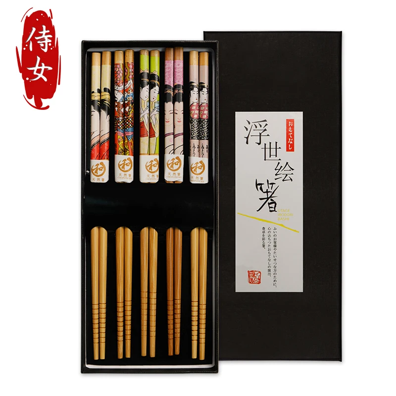 5 pairs/Set Reusable Lucky Cat Natural Bamboo Ecological Chopsticks Handmade Wood Wooden Chopstick Set Chopsticks Gift Boxs