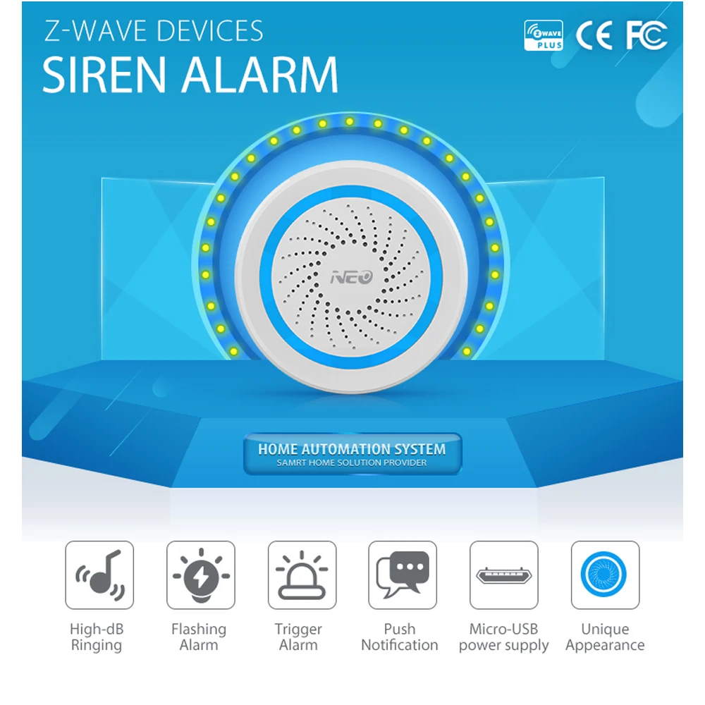 NEO COOLCAM – sirène d\'alarme sans fil z-wave Plus, 868.4MHz, gestion automatisée, fonctionne avec batterie, EU, son et lumière, capteur d\'alarme