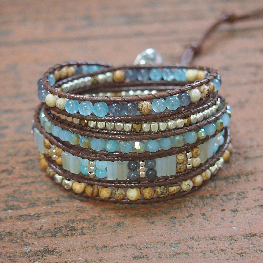 

Handmade Fashion Natural Stones Crystal Mixed 5 Strands Wrap Bracelets Men Women Bohemian Handwoven Wrist Bracelet Drop Shipping