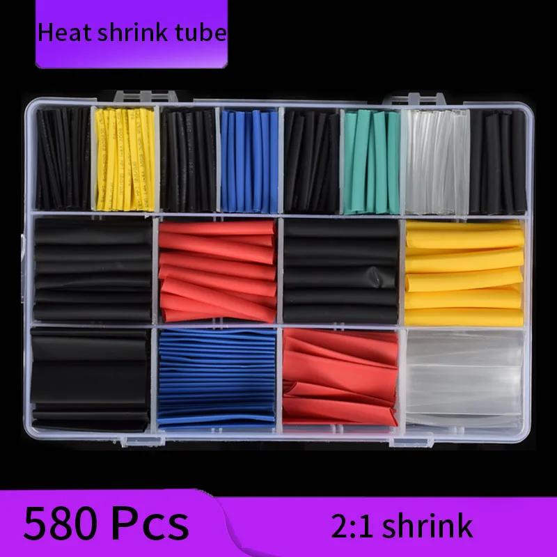 

580pcs Heat Shrinkable Tube Kit Shrinking Assorted Polyolefin Insulation Sleeving 2:1 Wire Cable Sleeve Kit DIY Wire Repair