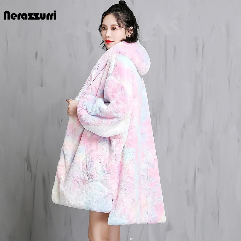 Nerazzurri Loose Tie Dye Hoodie Sweatshirt Women Winter Colorful Warm Thick Oversized Soft Faux Fur Jacket Designer Fashion 2022