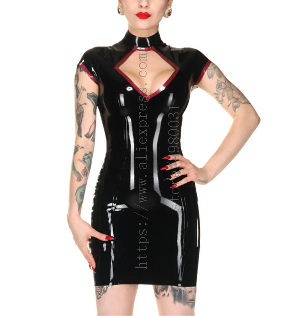 

Made of 0.4mm natural black women slim sexy latex dress with high neck & short sleeve design decoratived with red trims