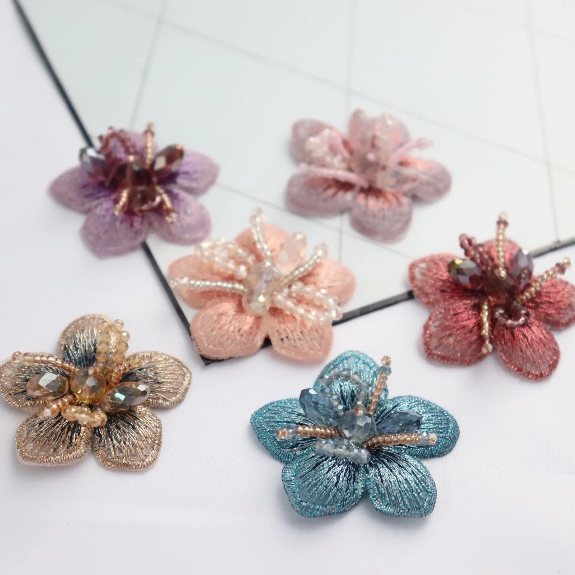 8piece Colorful 3D handmade beaded flower patch hat jewelry earrings applique decorative accessories clothing DIY