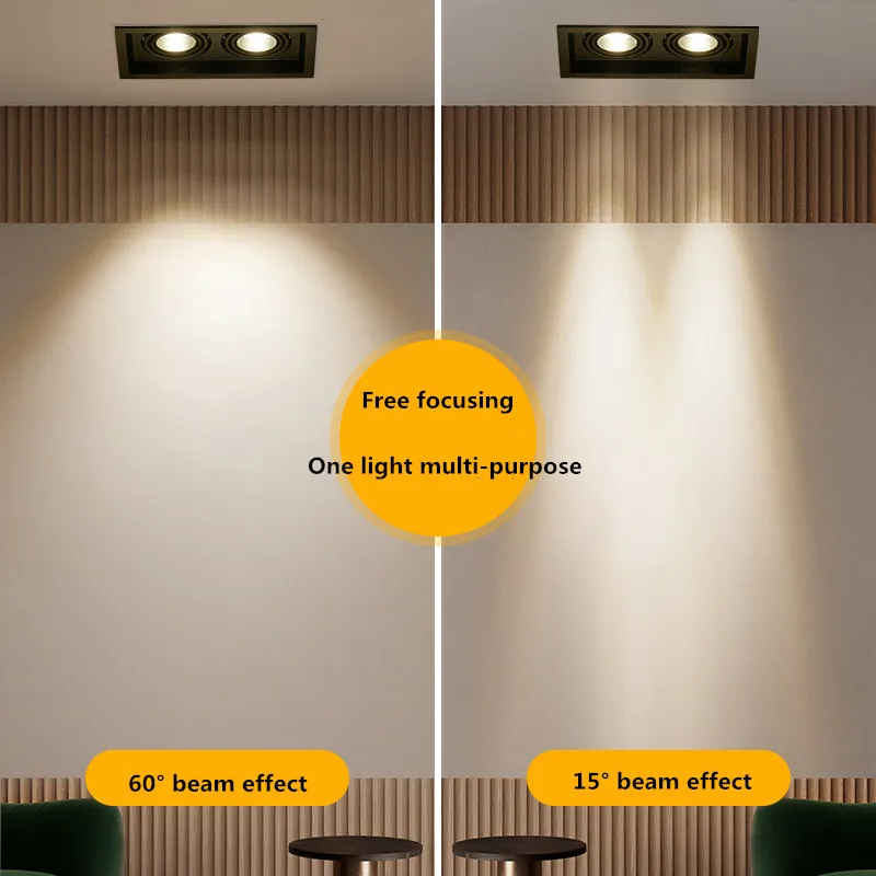 Adjustable zoom bold light led double head embedded spotlight ceiling light spotlight adjustable square grille downlight