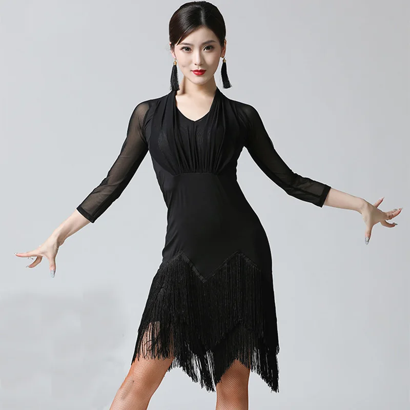 Women Sexy Mid Long Sleeve Printing Latin Dance Training Tassel Clothing Ballroom Dress Tango Modern Rumba Performance Dancewear