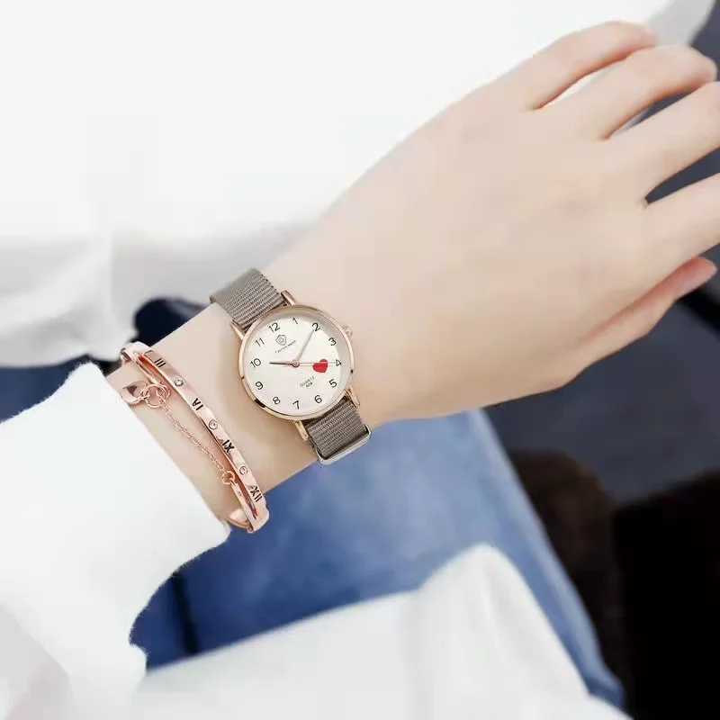 Fashion casual high quality ladies small dial Nylon watchband wine heart Slim Watch Student Decorative clock vintage classic