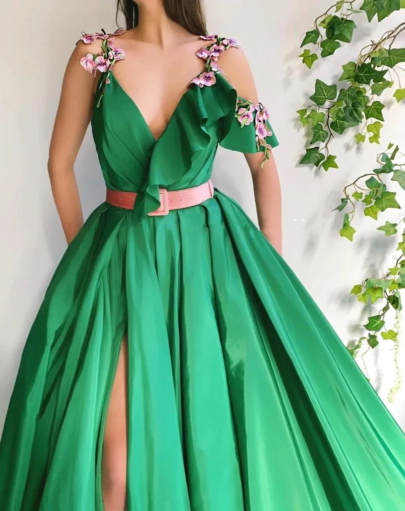 Vestido de noche verde marroquí, prenda larga de lujo con corte en A y tirantes finos, con abertura, para baile de graduación, Turquía, Dubái, Arabia Saudita