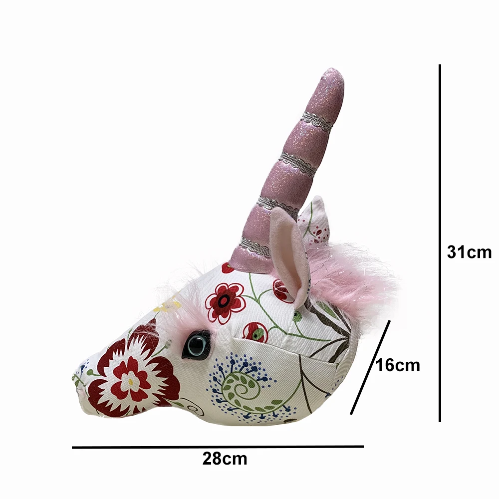 Wholesale ins style stuffed animal abstract unicorn head for wall decoration printed animal head of kids bedroom