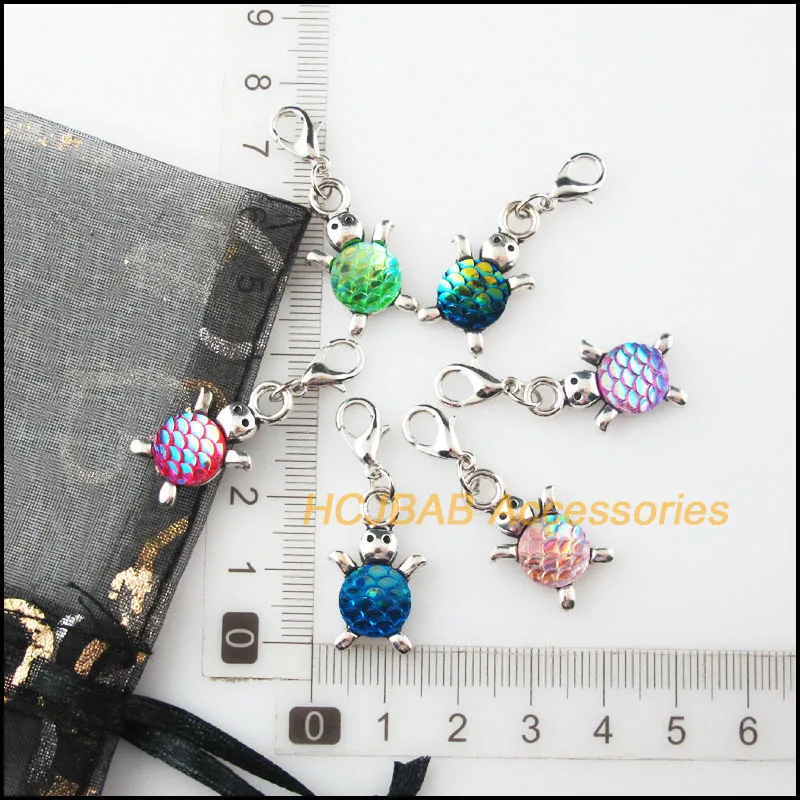 12 New Tortoise Mixed Charms Resin Animal Pendants With Lobster Claw Clasps Tibetan Silver Plated 14x23mm