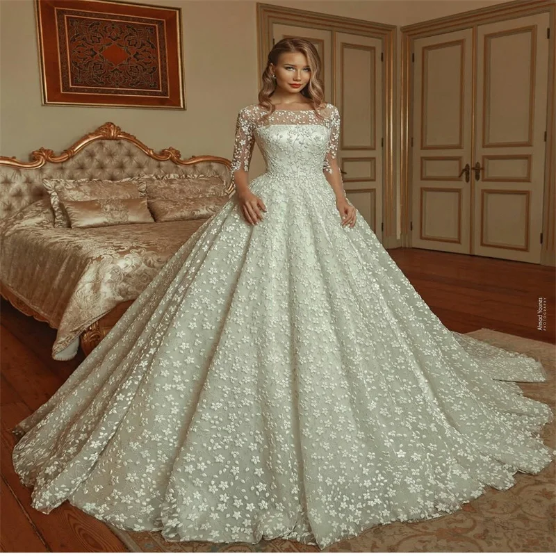 Floral Beach A Line Wedding Dresses Luxury Lace Apliques Robes De Mariée Jewel Neck Long Sleeves Custom Made Boho Bridal Gowns