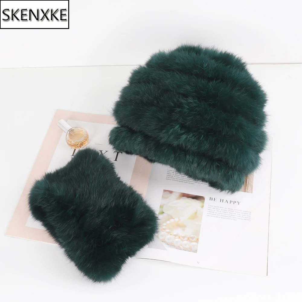 2024 New Style Ladies Fashion Real Rabbit Fur Scarves Hats Winter Women Warm Fluffy Knitted Genuine Rabbit Fur Mufflers Caps