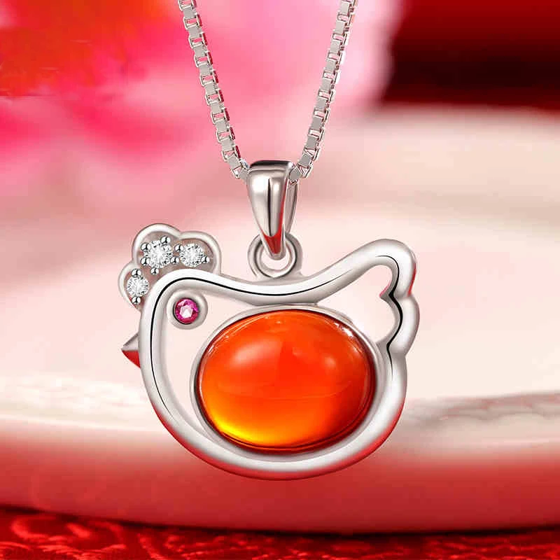 REETI 925 Sterling Silver Zircon Red Chicken Necklaces Pendant Fashion Sterling Silver Jewelry Statement for Women Bijoux