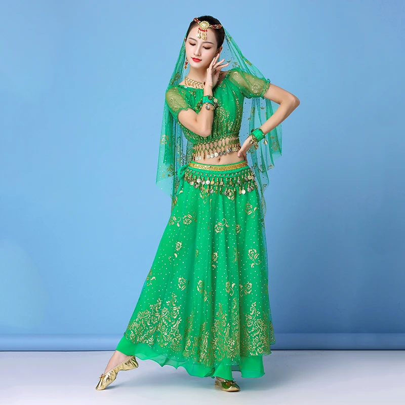 Sari Indian Bollywood Dancewear Dress Costume Women Belly Dance Oriental Performance Clothes Chiffon Dance Set Top+Belt+Skirt